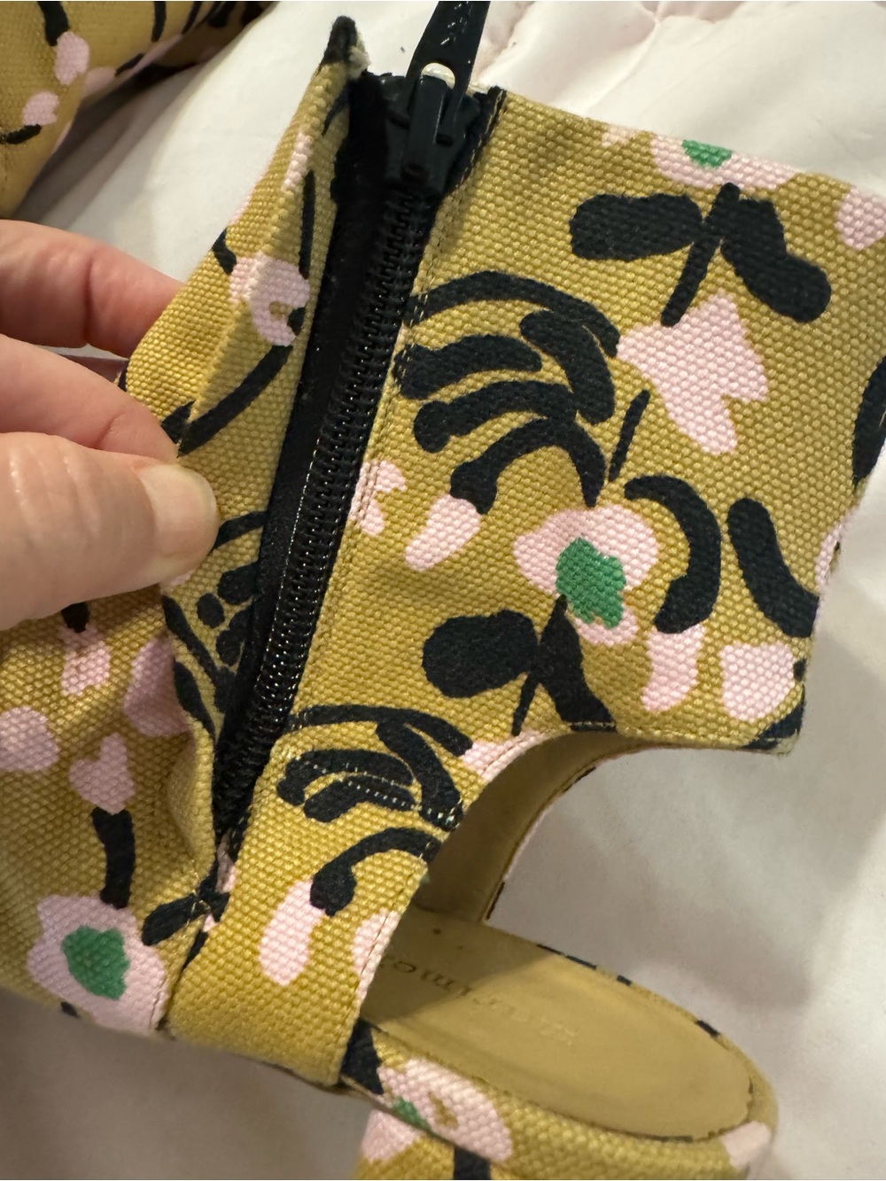 Marimekko Olive, Pink & Black Floral Canvas Peep-Toe Booties - Picture 6 of 9